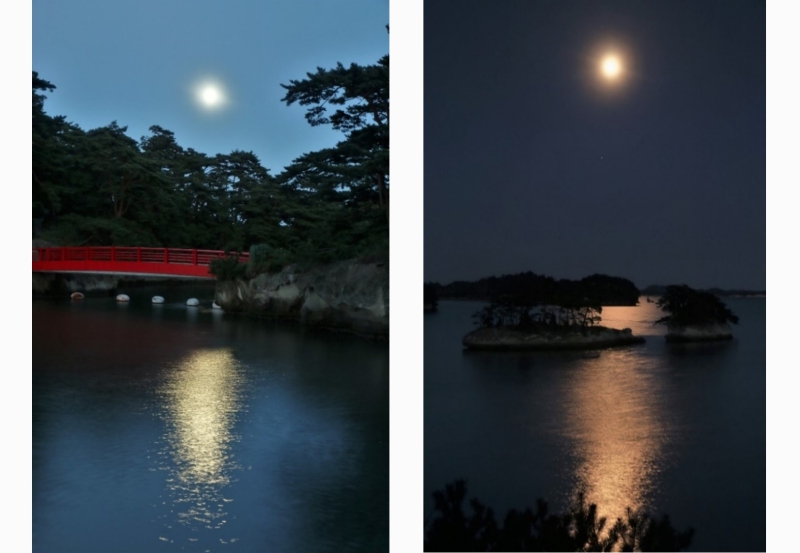 写真左：雄島渡月橋の十三夜、右：雄島より双子島のおぼろ月　
